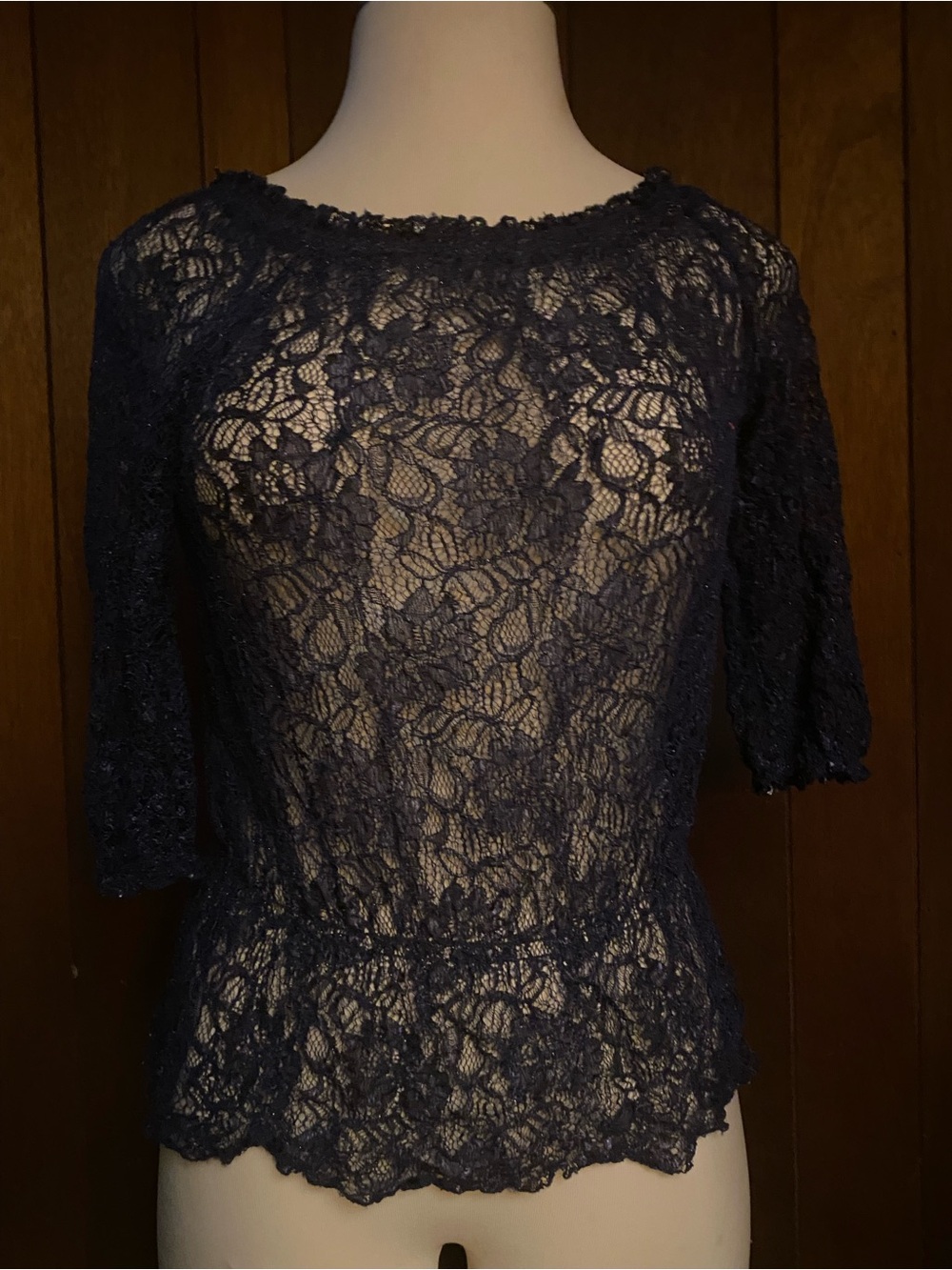 INC International Concepts Stretch Navy Floral Lace Short Sleeve Top